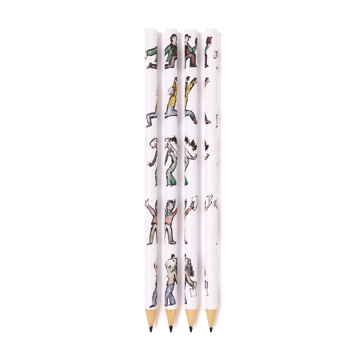 Four pencils with illustrated designs on a white background