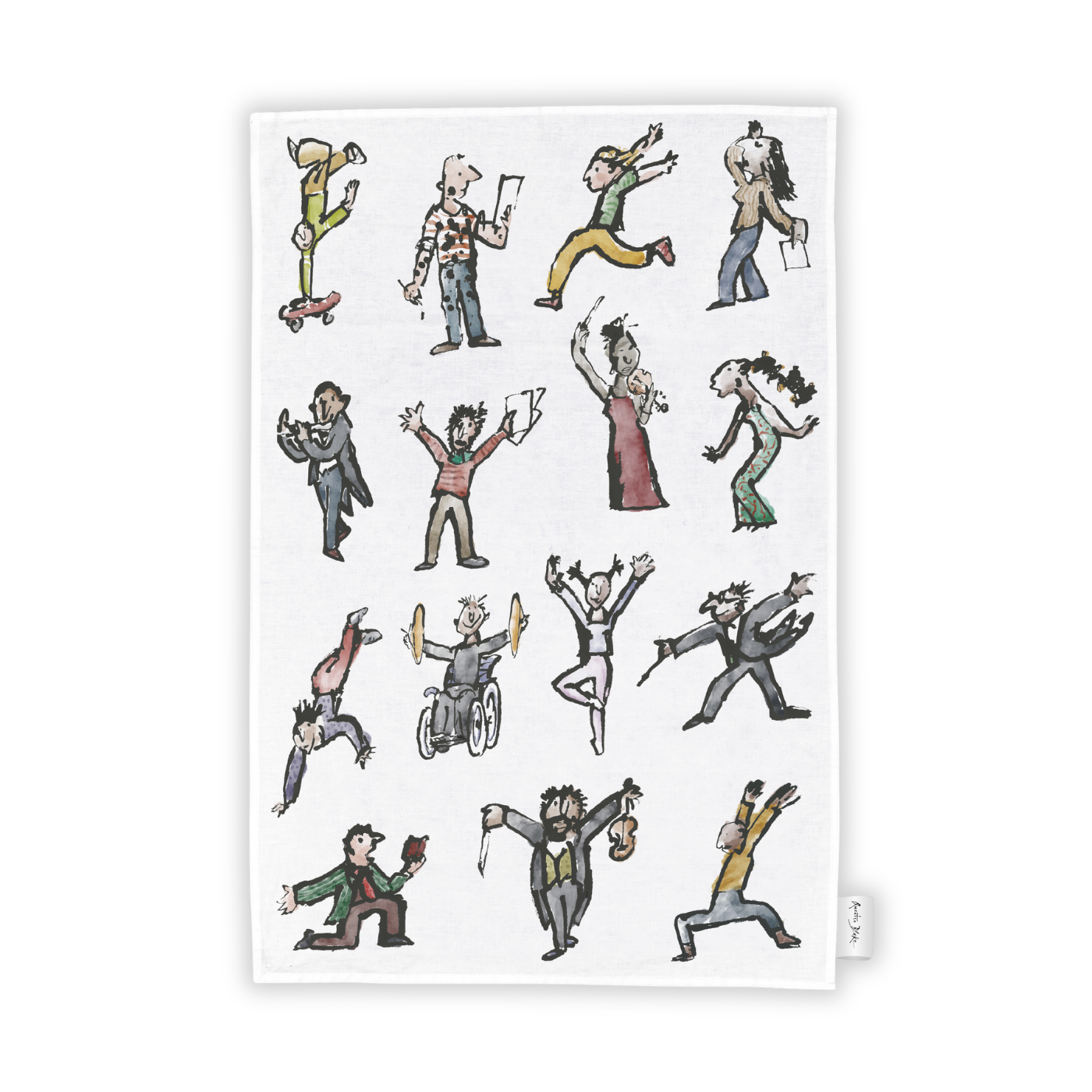 Tea towel with illustrations of people in various poses on a white background