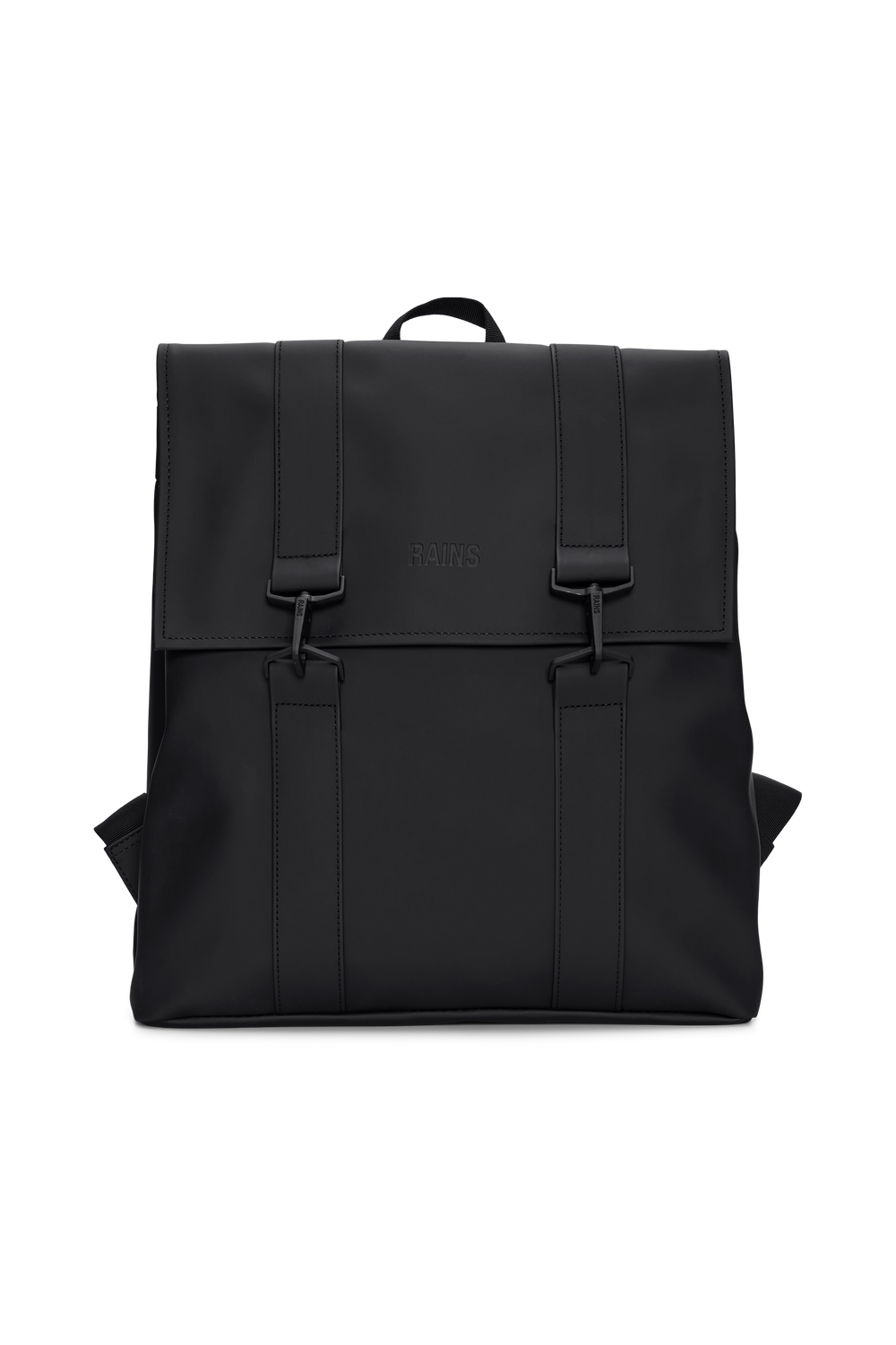 Front side of the Rains MSN Backpack, colour black.