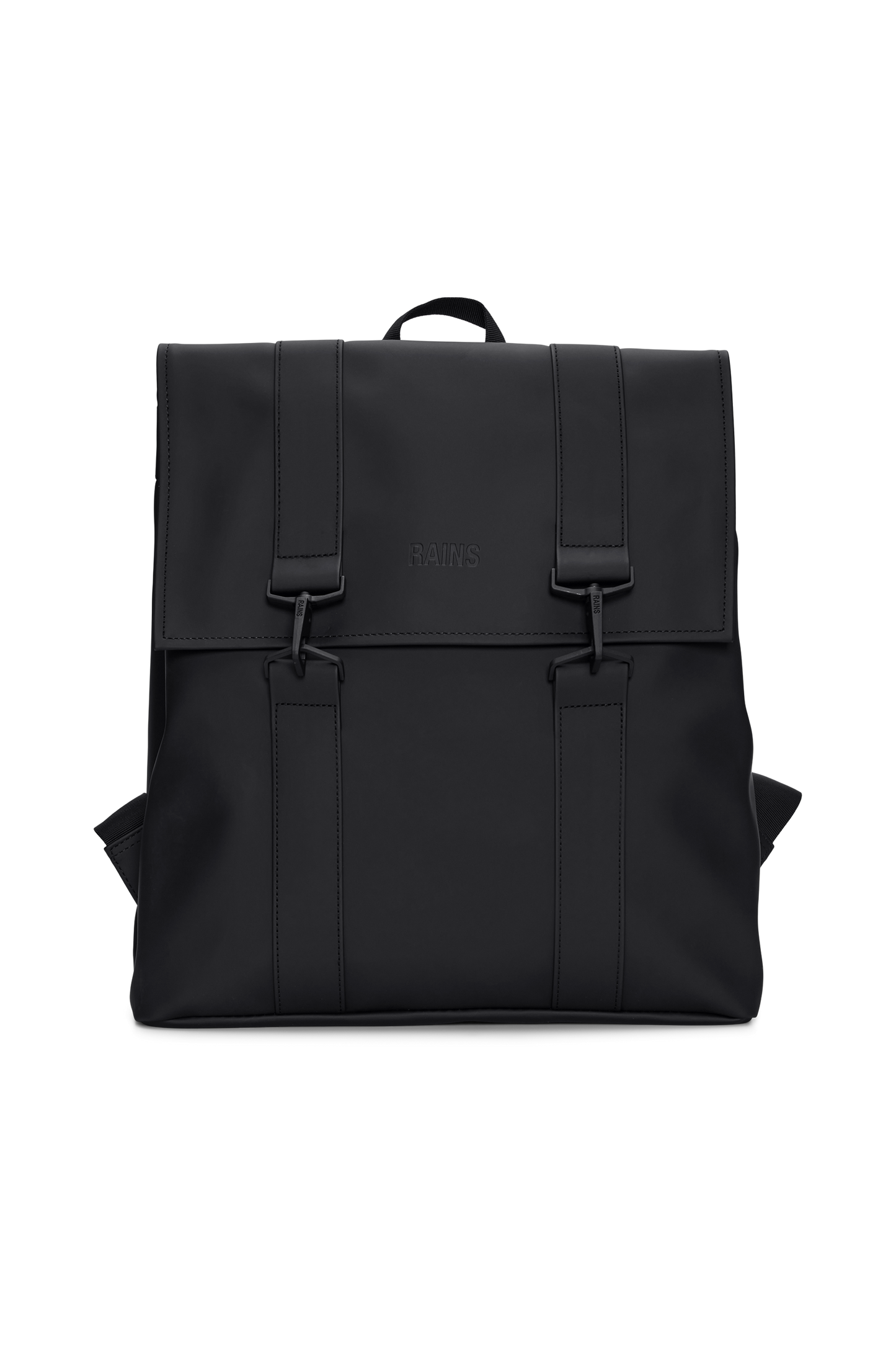 Front side of the Rains MSN Backpack, colour black.