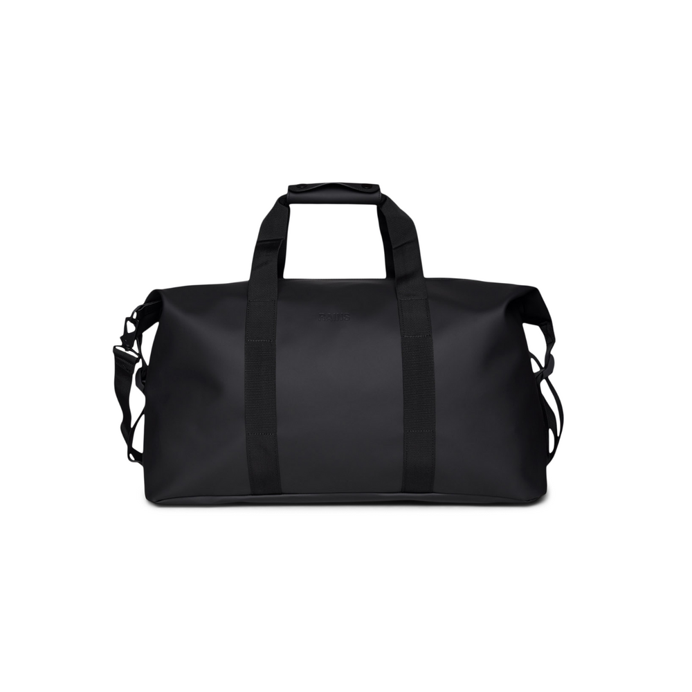 
                  
                    Front side of the Rains Hilo Weekend Bag, colour black. Rigid handles.
                  
                