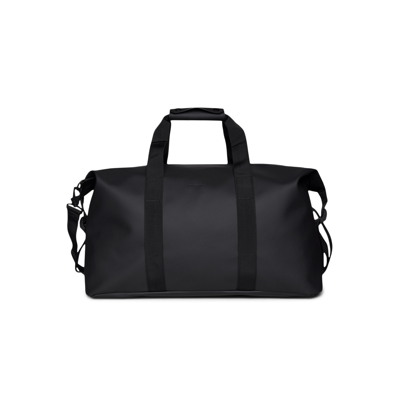 Front side of the Rains Hilo Weekend Bag, colour black. Rigid handles.