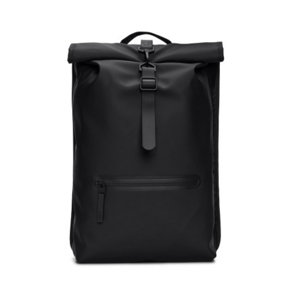 
                  
                    Front side of the Rains Rolltop Backpack, with a single black strap located in the middle, colour black.
                  
                