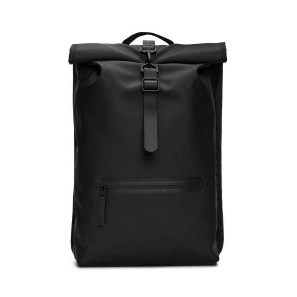 Front side of the Rains Rolltop Backpack, with a single black strap located in the middle, colour black.