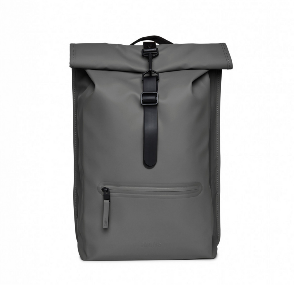 
                  
                    Front side of the Rains Rolltop Backpack, with a single black strap located in the middle, colour grey.
                  
                