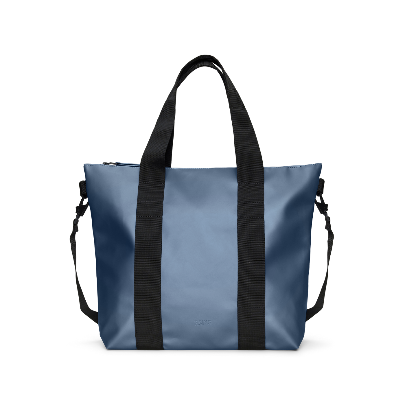 Front side of the Rains Tote Bag Mini, with two large and rigid black straps, colour bay.