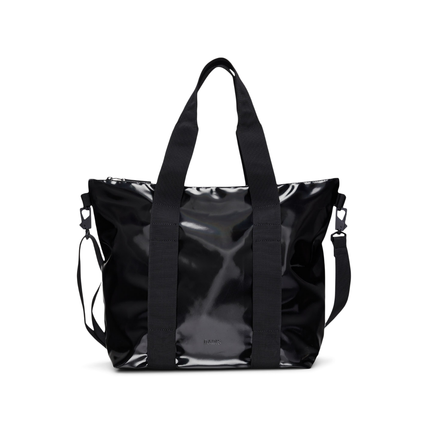 Front side of the Rains Tote Bag Mini, with two large and rigid black straps, colour night.