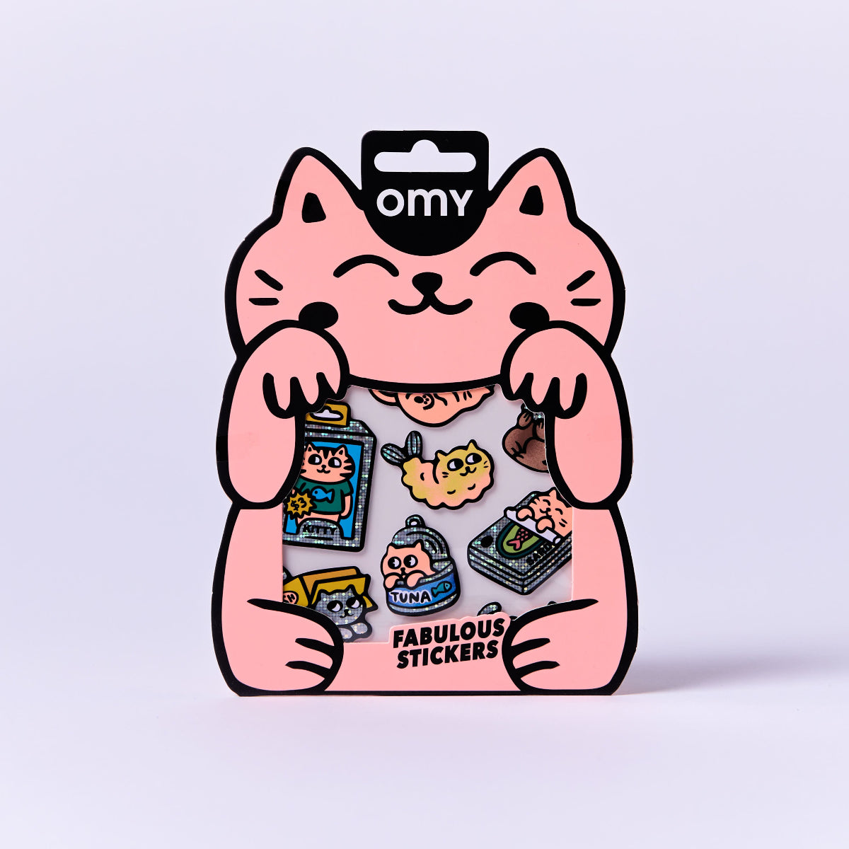 Pack of stickers with a cartoon cat design on a light purple background