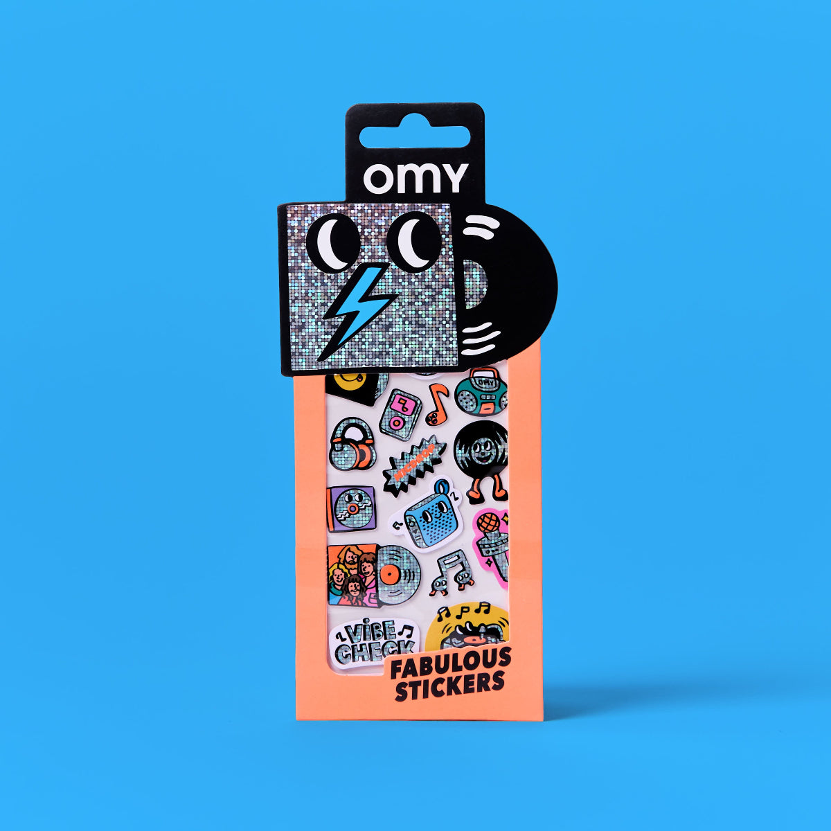 Pack of stickers with 'omy' branding on a blue background