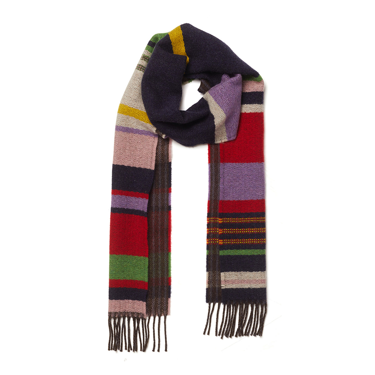 Multicolored striped scarf with fringes on a white background
