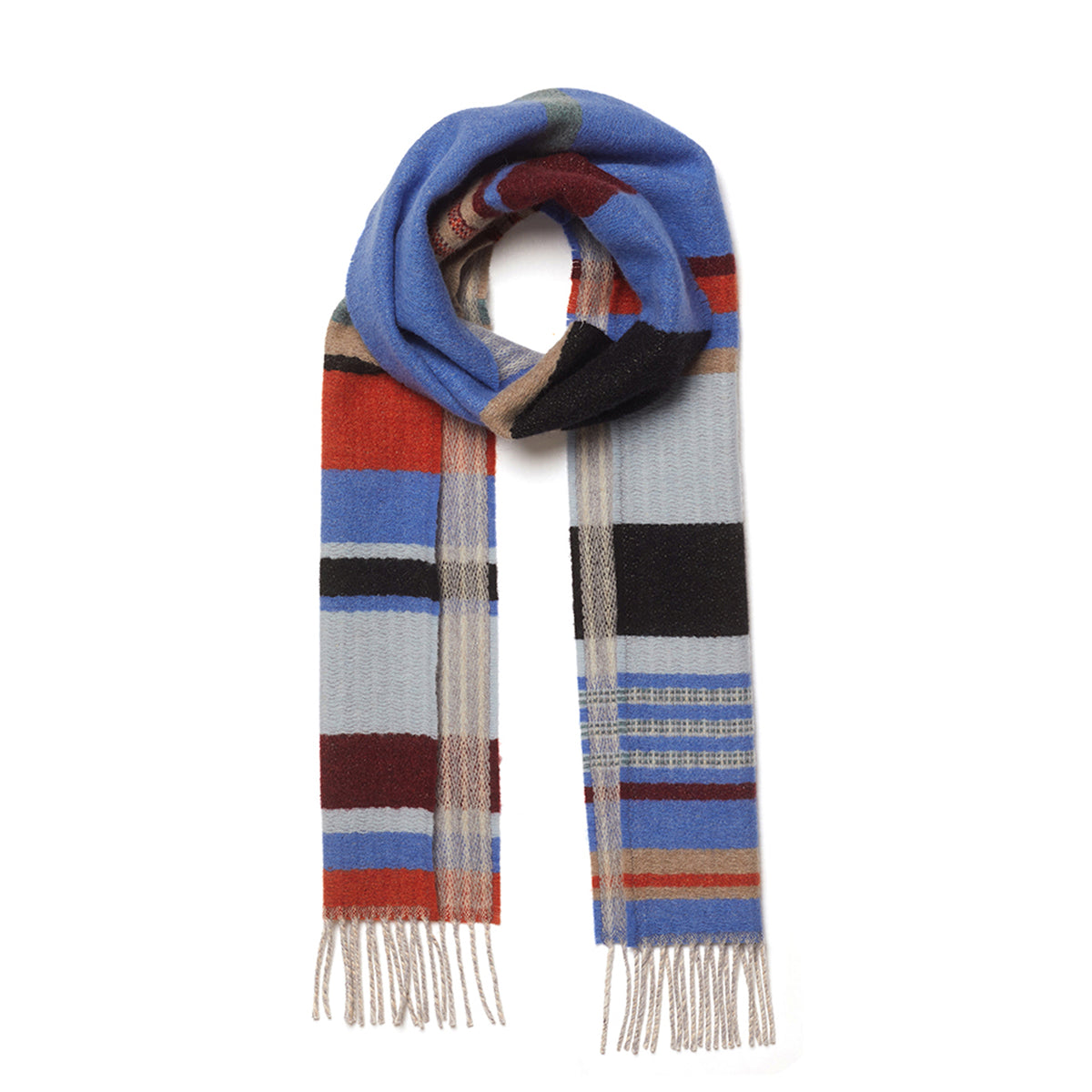 Multicolored striped scarf with fringes on a white background