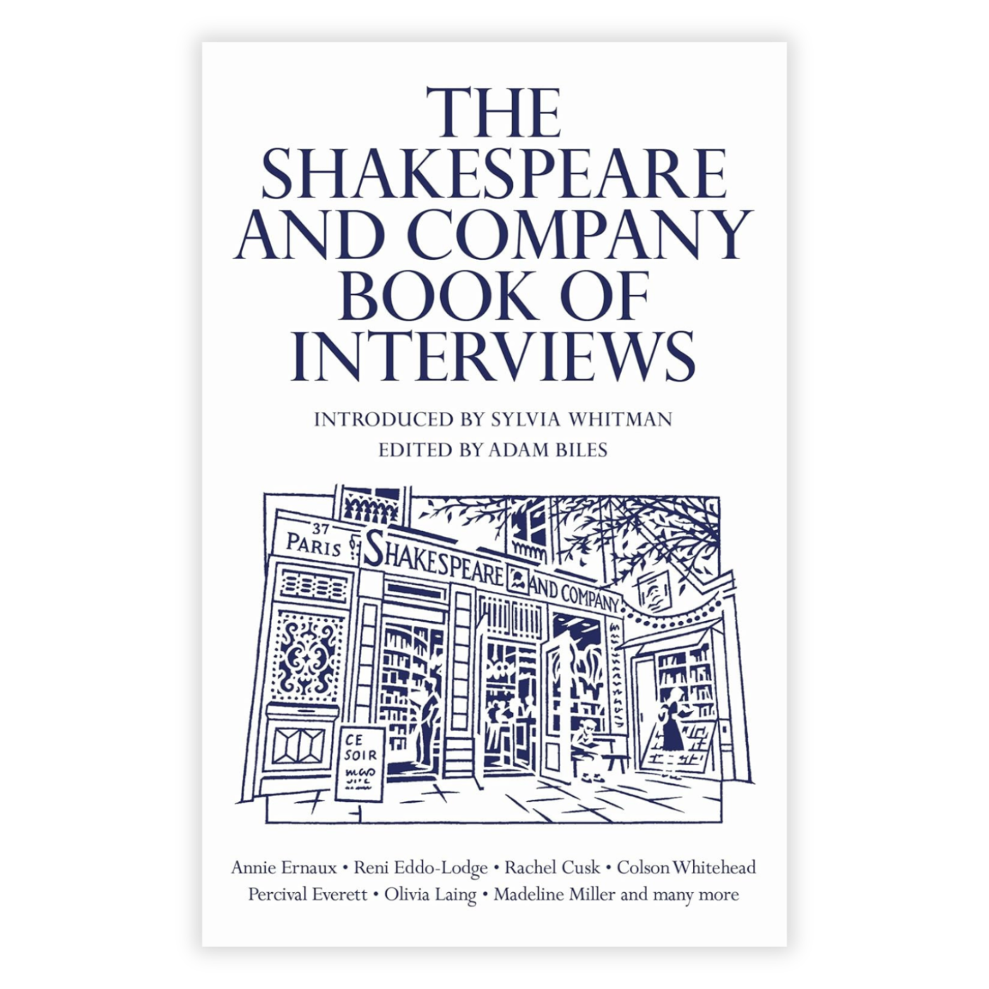 Book cover of 'The Shakespeare and Company Book of Interviews' with a line drawing of the bookstore.