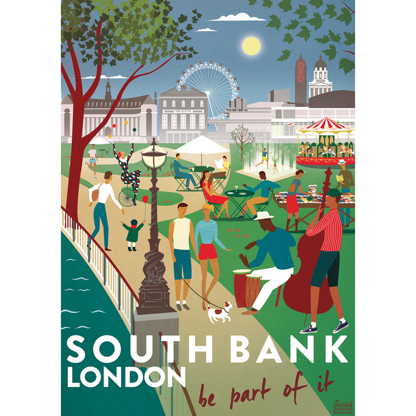 A poster with an illustration of people walking down the Southbank riverside during the Summer month.
