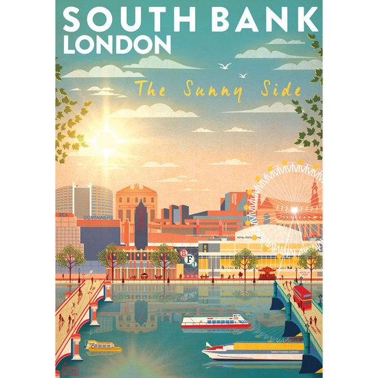 A poster with an illustration of the River Thames and Southbank buildings including the OXO Tower, BFI, Royal Festival Hall and London Eye and the sun shining in the sky above.