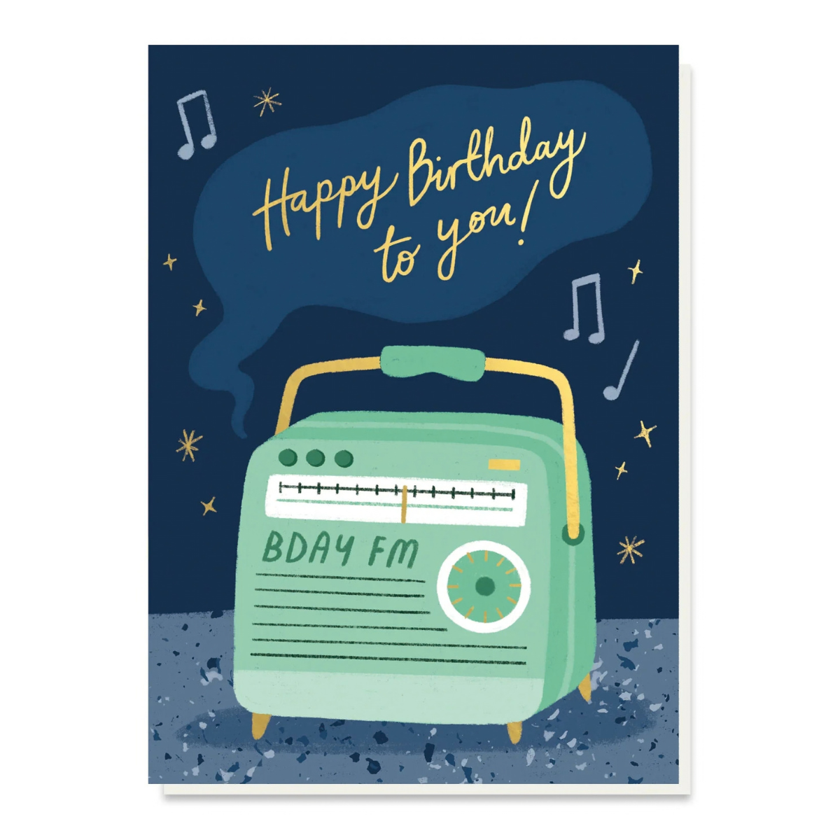 Birthday card with a green radio and 'Happy Birthday to you!' text on a blue background