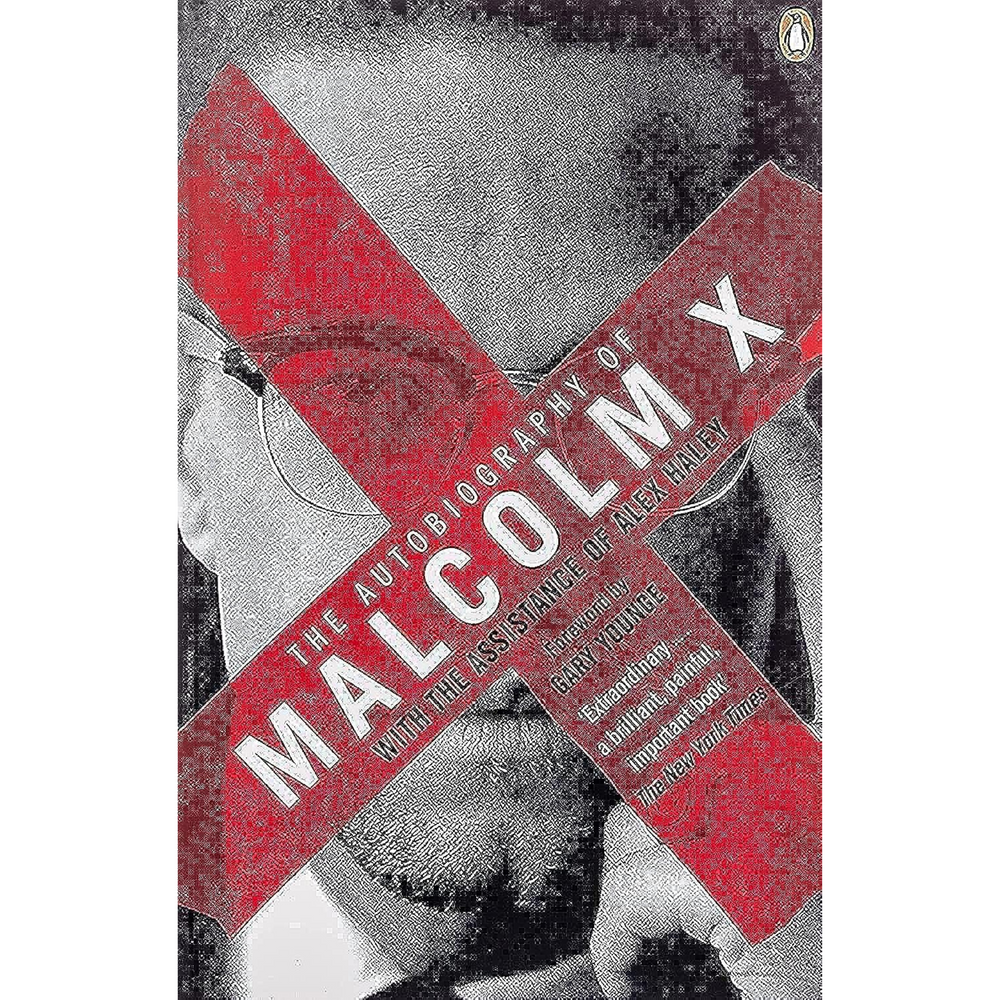 Front cover of Malcolm X's autobiography, featuring a photo of him hidden behind a large red cross.