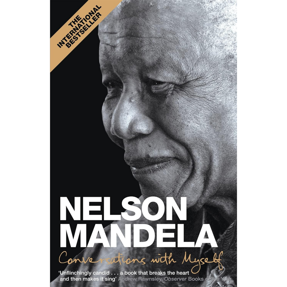 Front cover of Conversations with Myself with a close up photo of Nelson Mandela's smiling face.