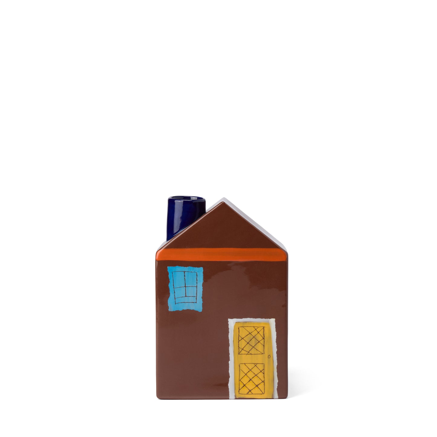 Brown house-shaped vase with a blue window and yellow door on a white background