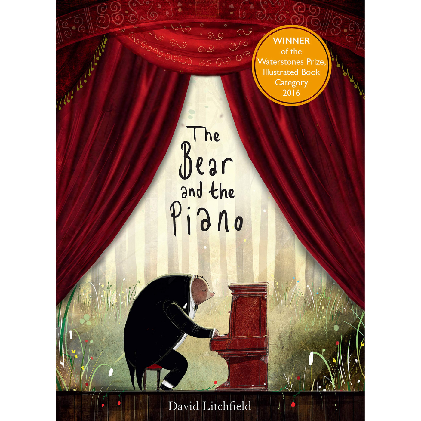 The Bear and the Piano Book Front Cover featuring a bear in a black tie suit playing a piano on stage.