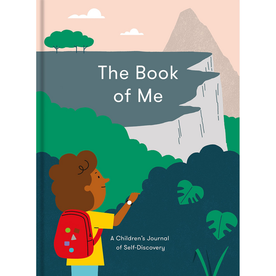 The Book of Me: A Children’s Journal of Self-Knowledge book front cover with an image of a child wearing a red backpack overlooking a view of cliffs.