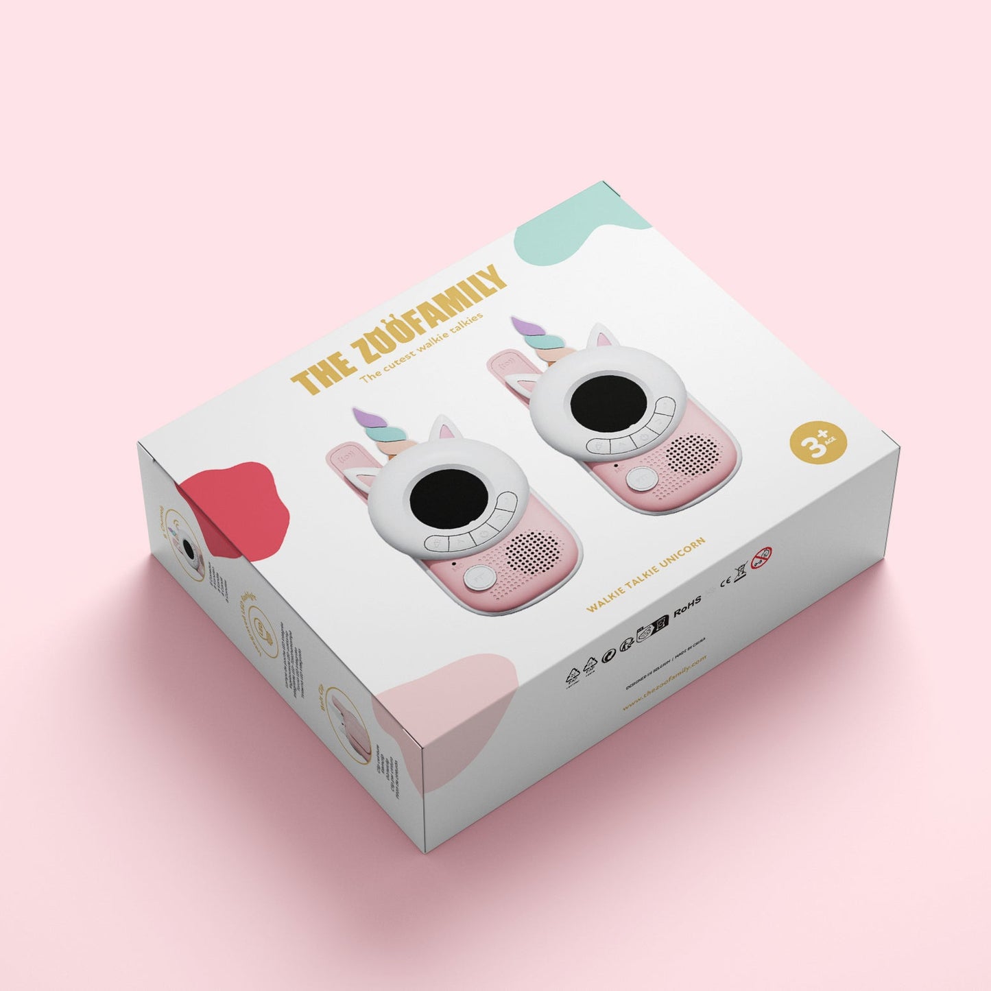 Unicorn shaped walkie talkie set packaging on pink background