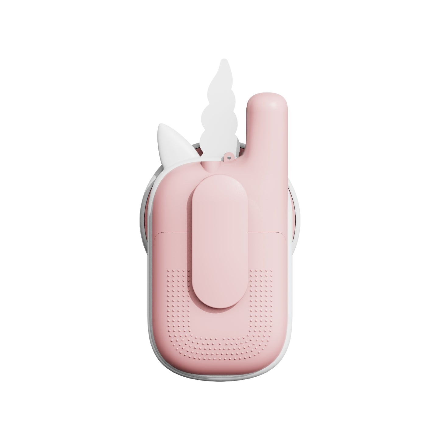 The back of a pink unicorn shaped walkie talkie device