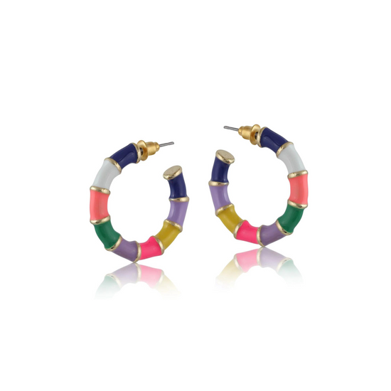 Multi-coloured bamboo hoop shaped earrings