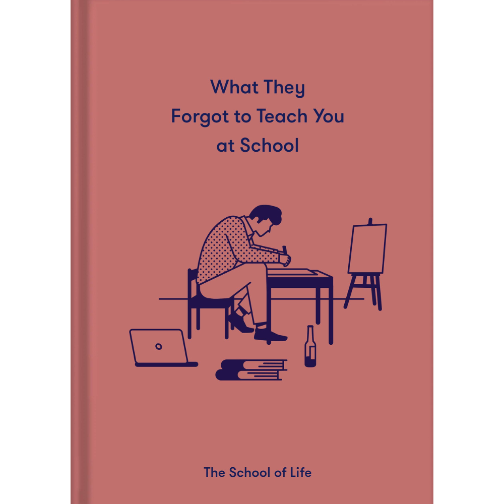 What They Forgot to Teach You in School book cover featuring an illustration of a person writing at a desk.
