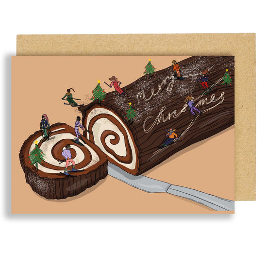 Load image into Gallery viewer, Skiing on Yule Log Christmas Card
