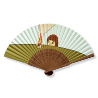 A bamboo folding fan featuring an artwork of a figure with against a blue sky, watching a small house burn on a green hill.