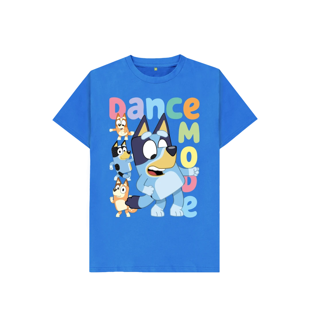 kids tshirt with words 'Dance Mode' and Bluey characters including Bluey, Bingo, Bandit and Chilli