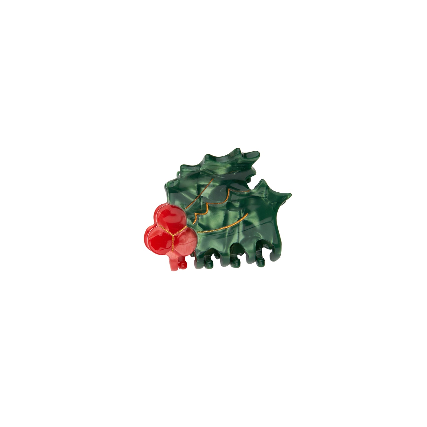 A mini claw hair clip in the shape of a Christmas holly on white background