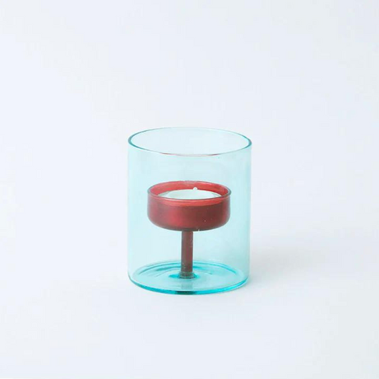 Load image into Gallery viewer, glass tealight holder in blue and red glass.
