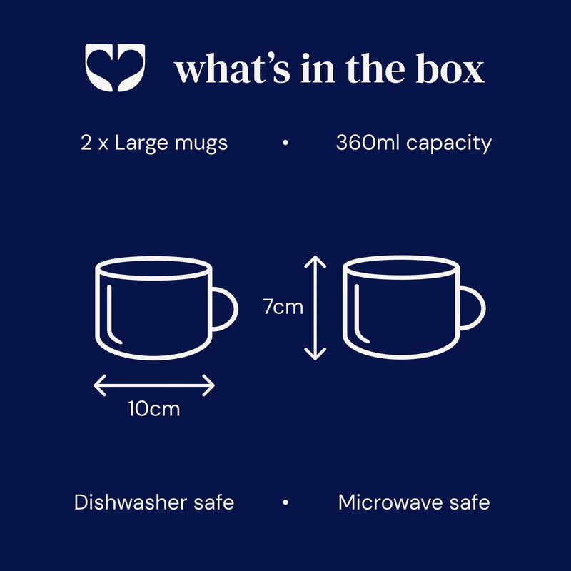 Information about large mugs including capacity, dimensions, and safety features on a blue background.