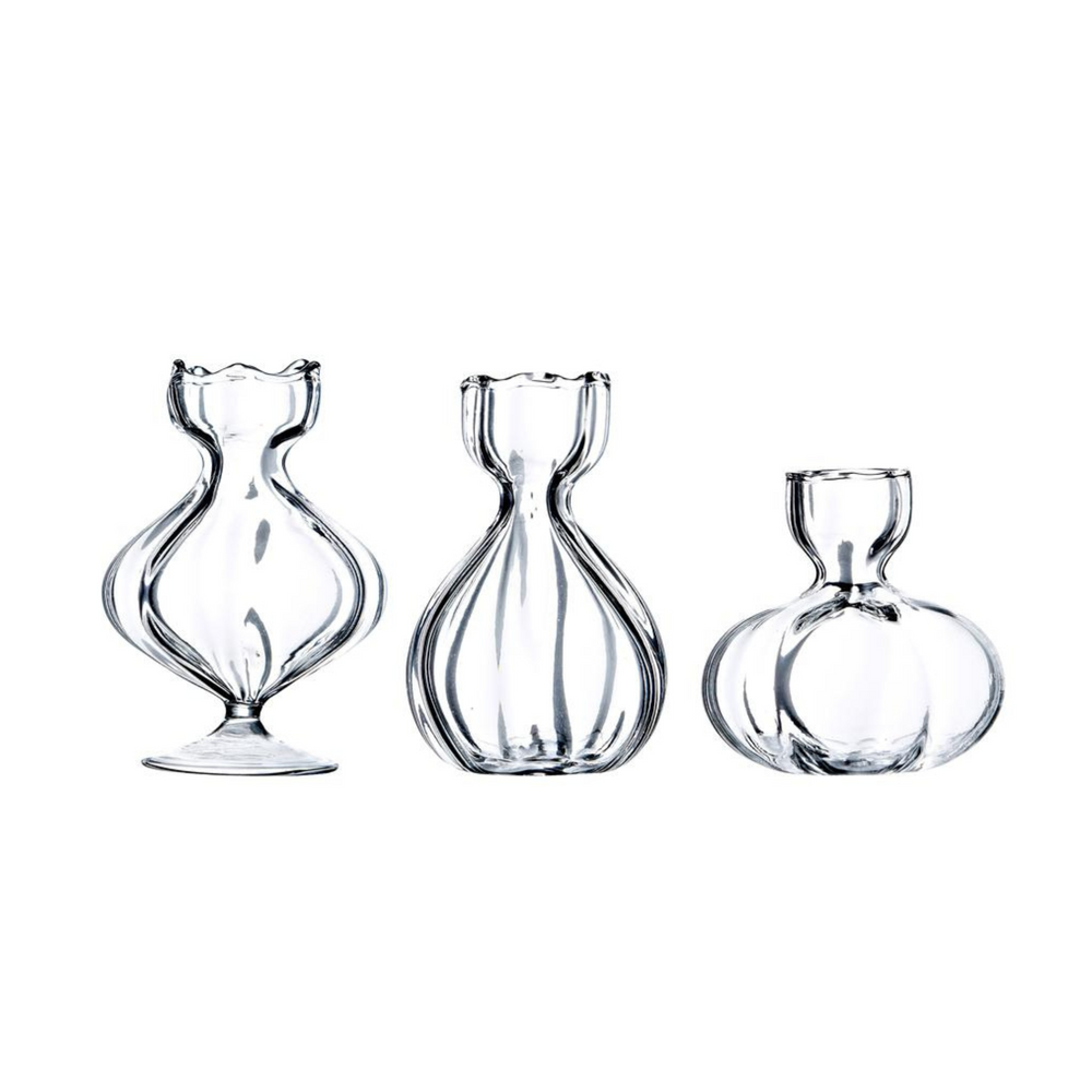 
                      
                        three mini glass vases in assorted shapes.
                      
                    