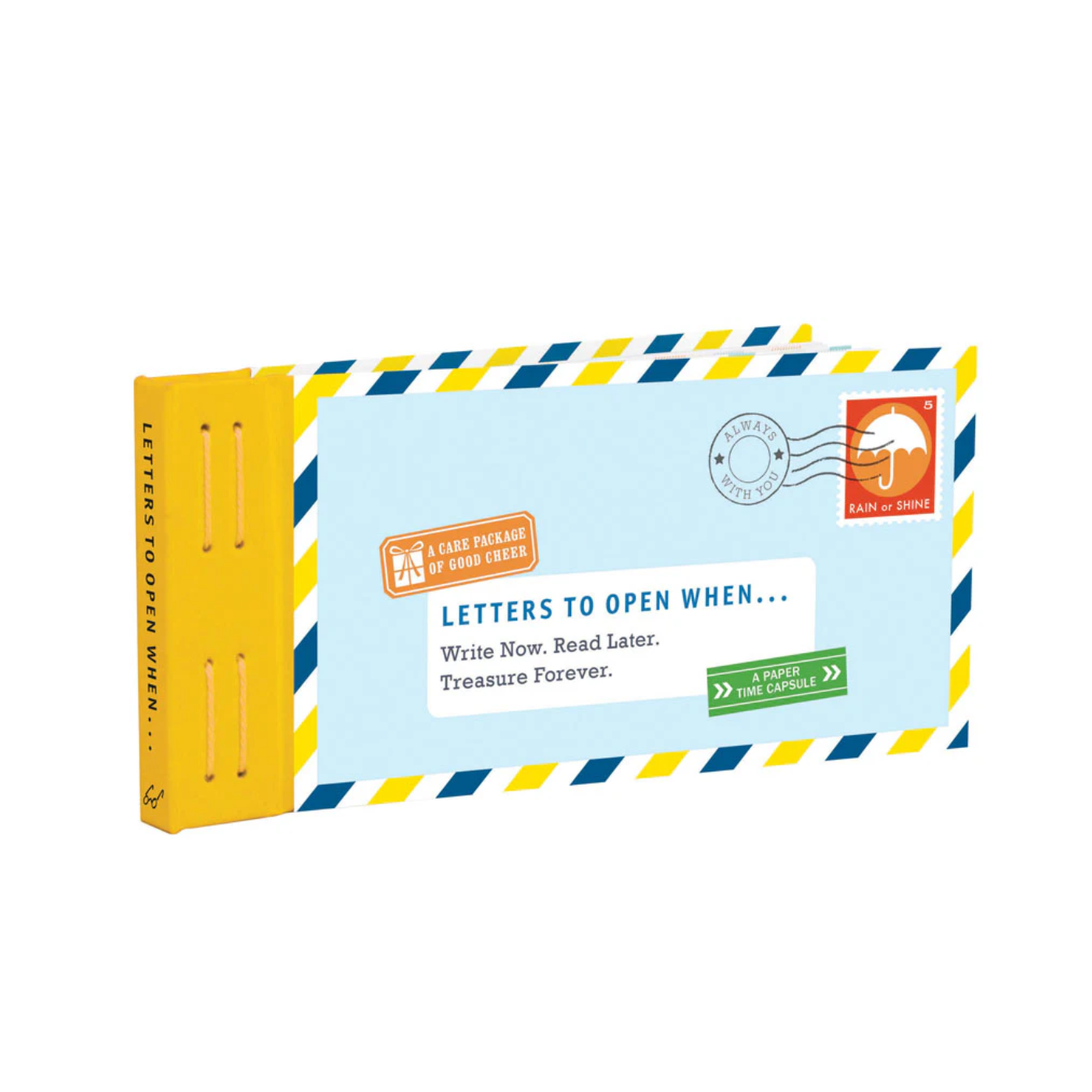 Book titled 'Letters to Open When' with a yellow spine and blue cover on a white background