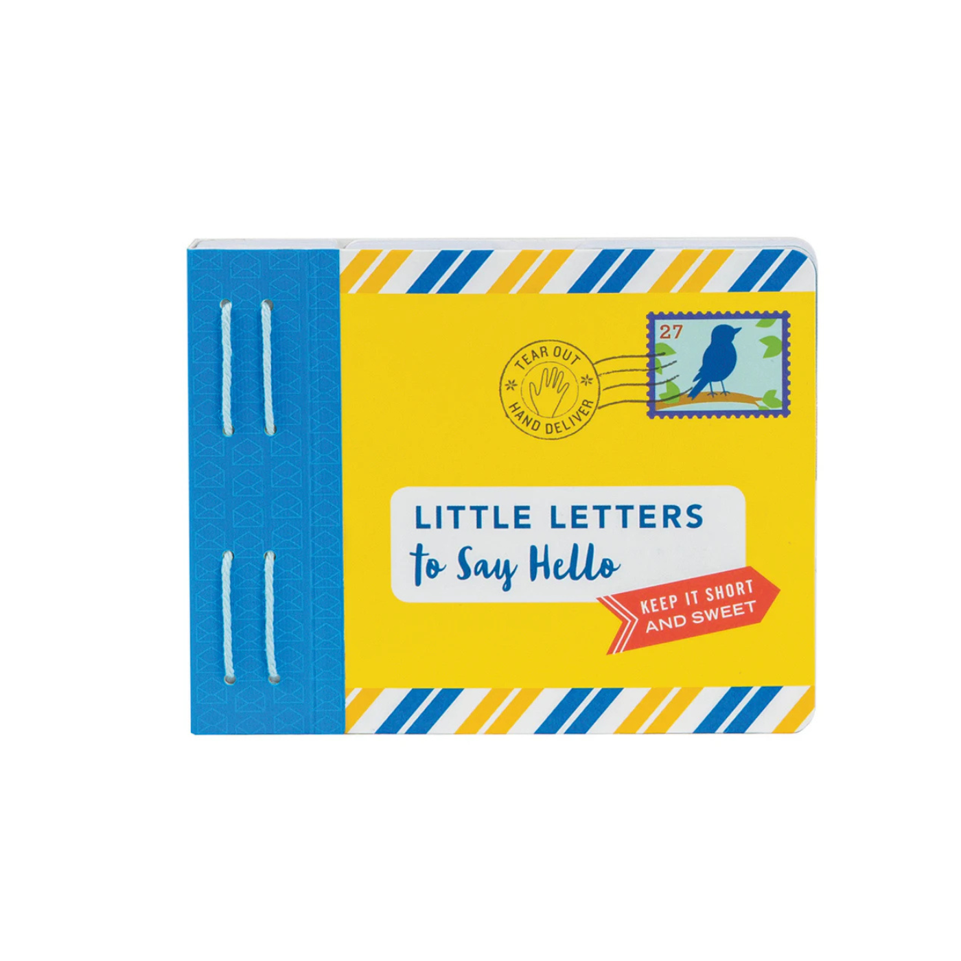 Notebook with yellow cover and blue spine titled 'Little Letters to Say Hello' on a white background