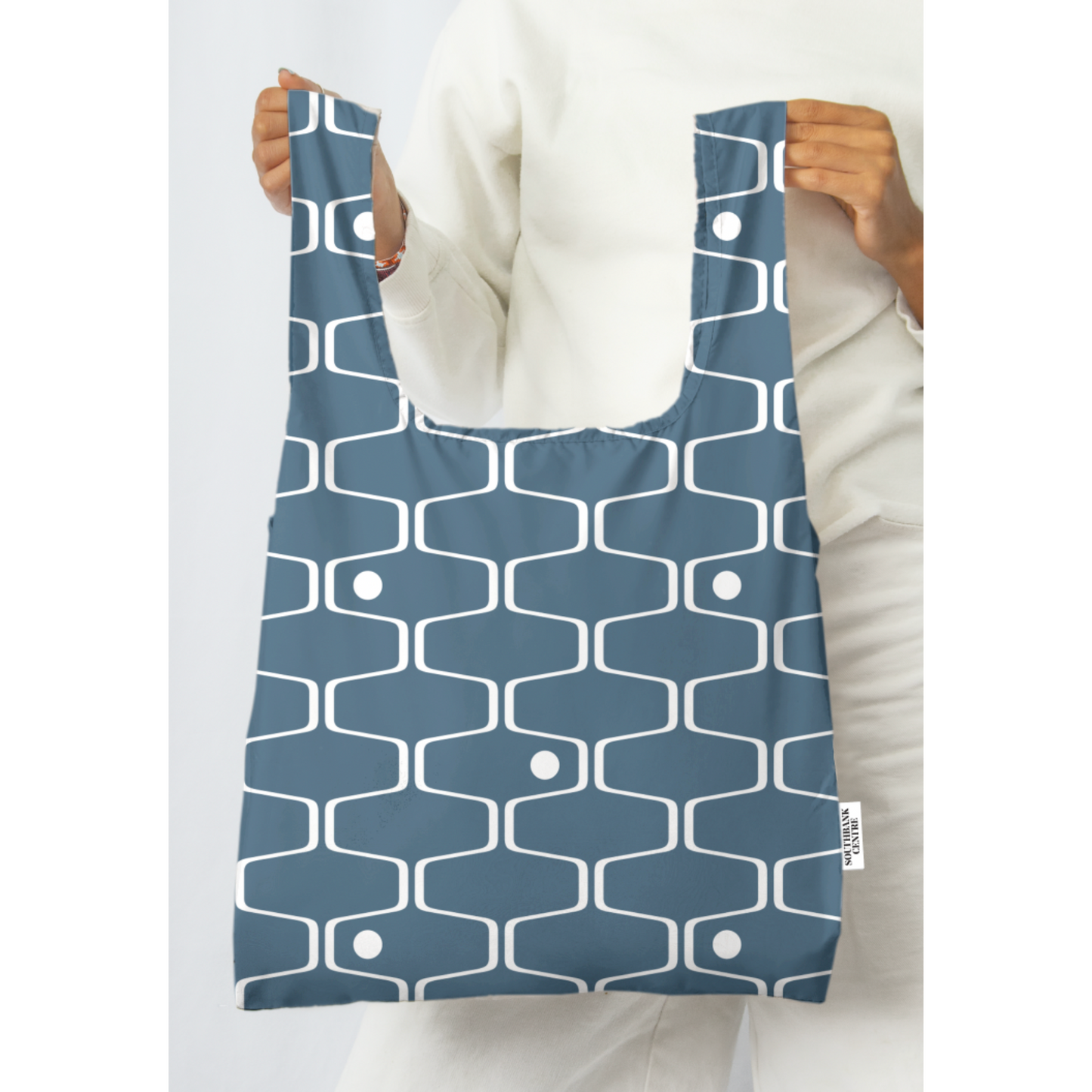 A person holding a kind bag with net & ball pattern in blue