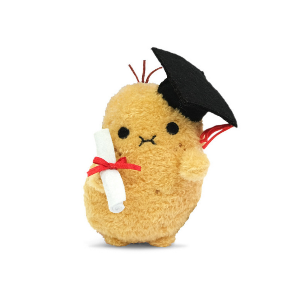 plush potato toy with graduation cap and scroll certificate