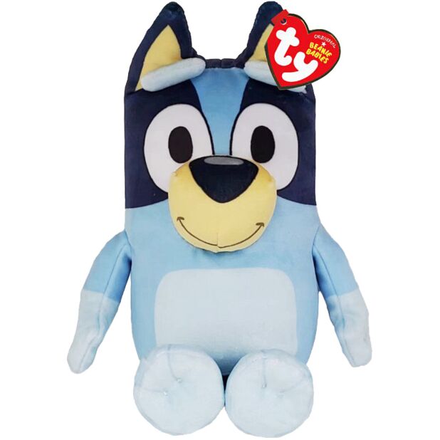 Blue plush toy with a yellow muzzle and black ears, featuring a Ty Beanie Baby tag on a white background.