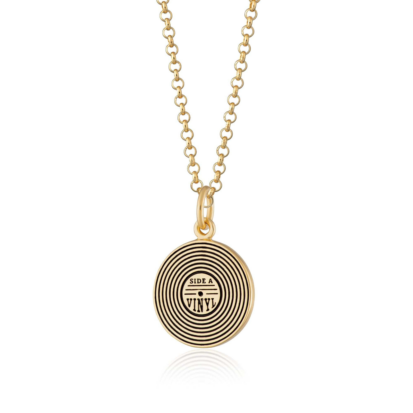 gold necklace with vinyl charm.