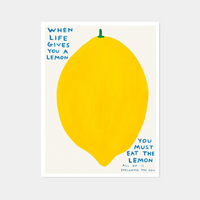 A poster by David Shrigley featuring a large yellow lemon with the text 'When Life Gives You A Lemon' at the top and 'You Must Eat The Lemon' at the bottom, set against a white background.