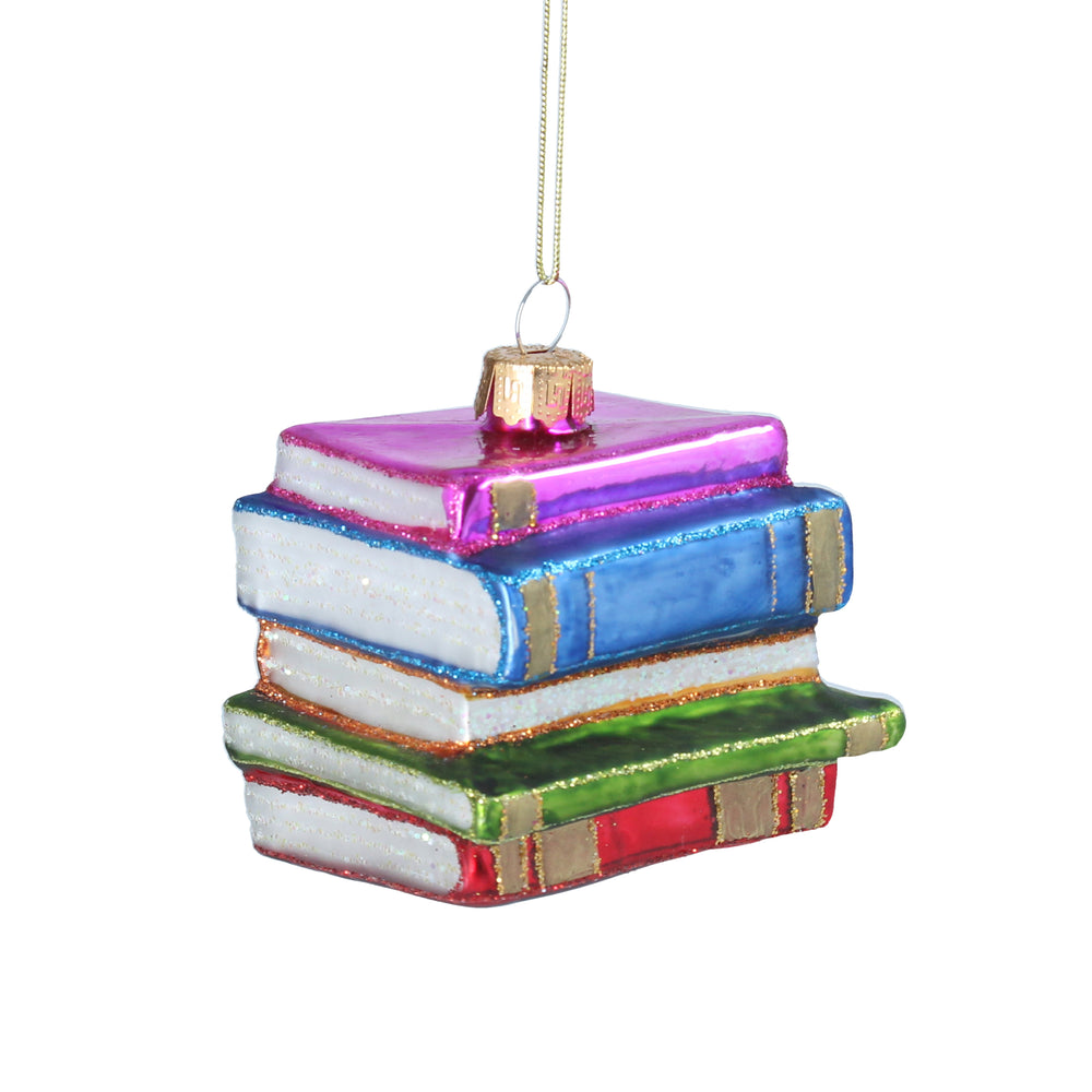 A sparkly stack of books Christmas tree hanging glass decoration.
