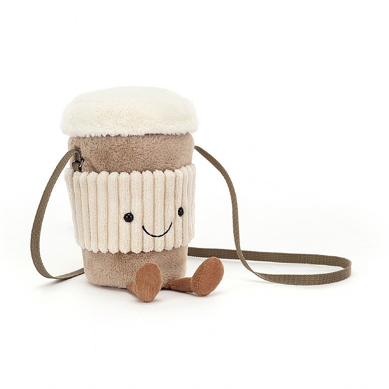A plush bag in the shape of a coffee cup with a smiley face, corduroy legs and a long strap.