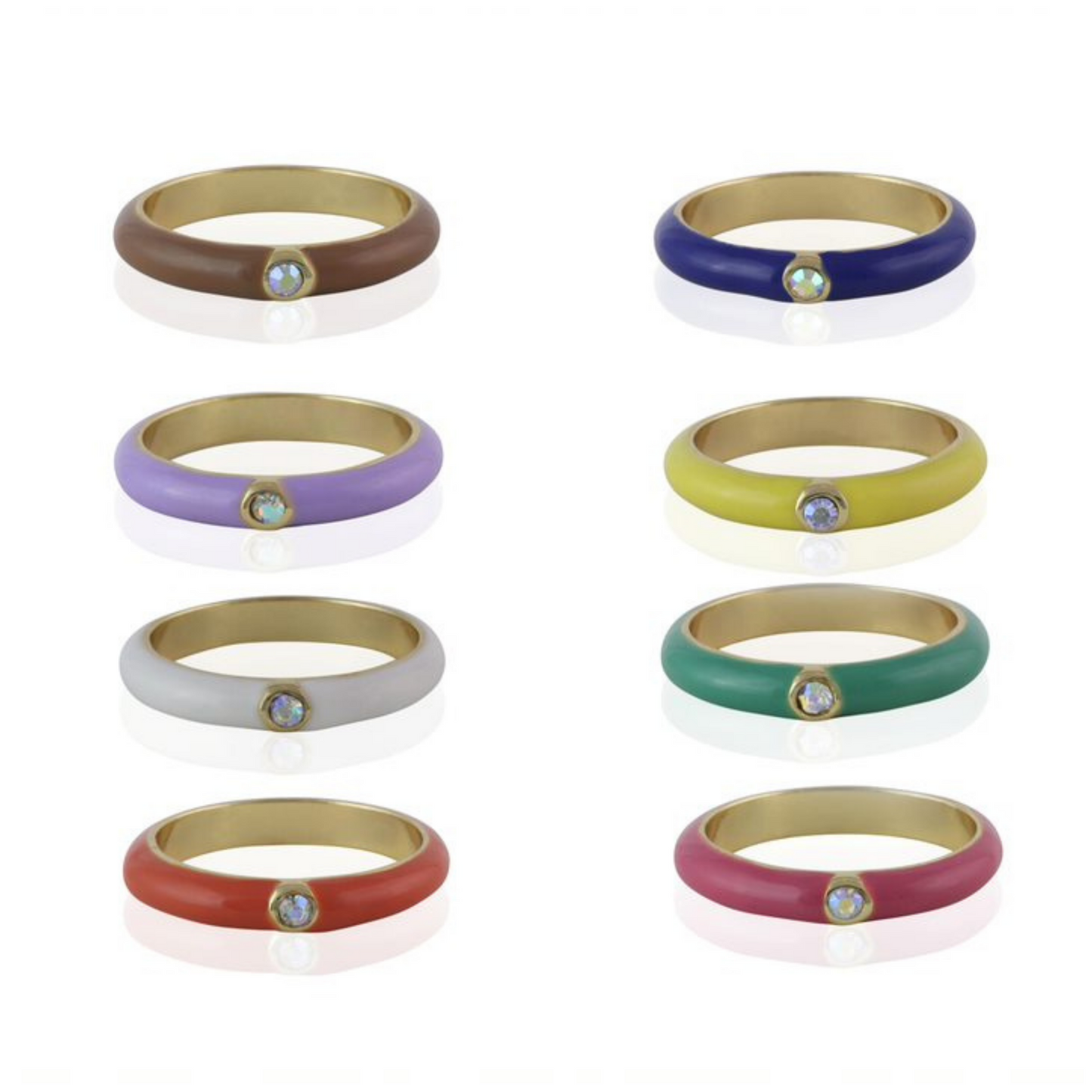 Two rows of four multi-coloured rings with a small rhinestone in the centre