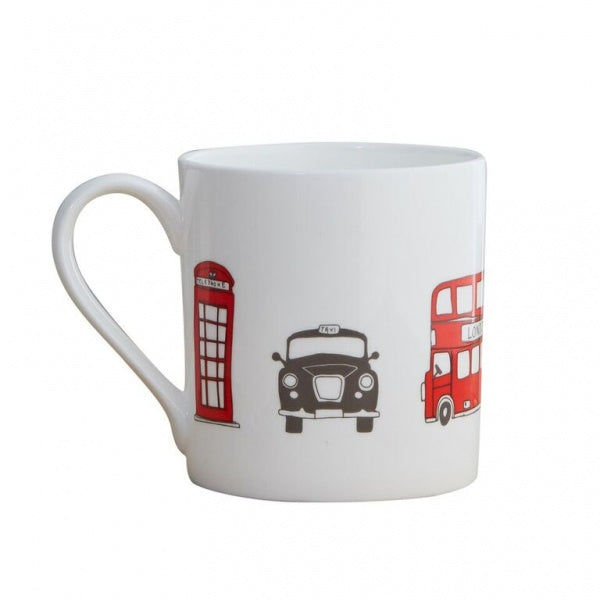 A white mug designed with illustrations of London landmarks