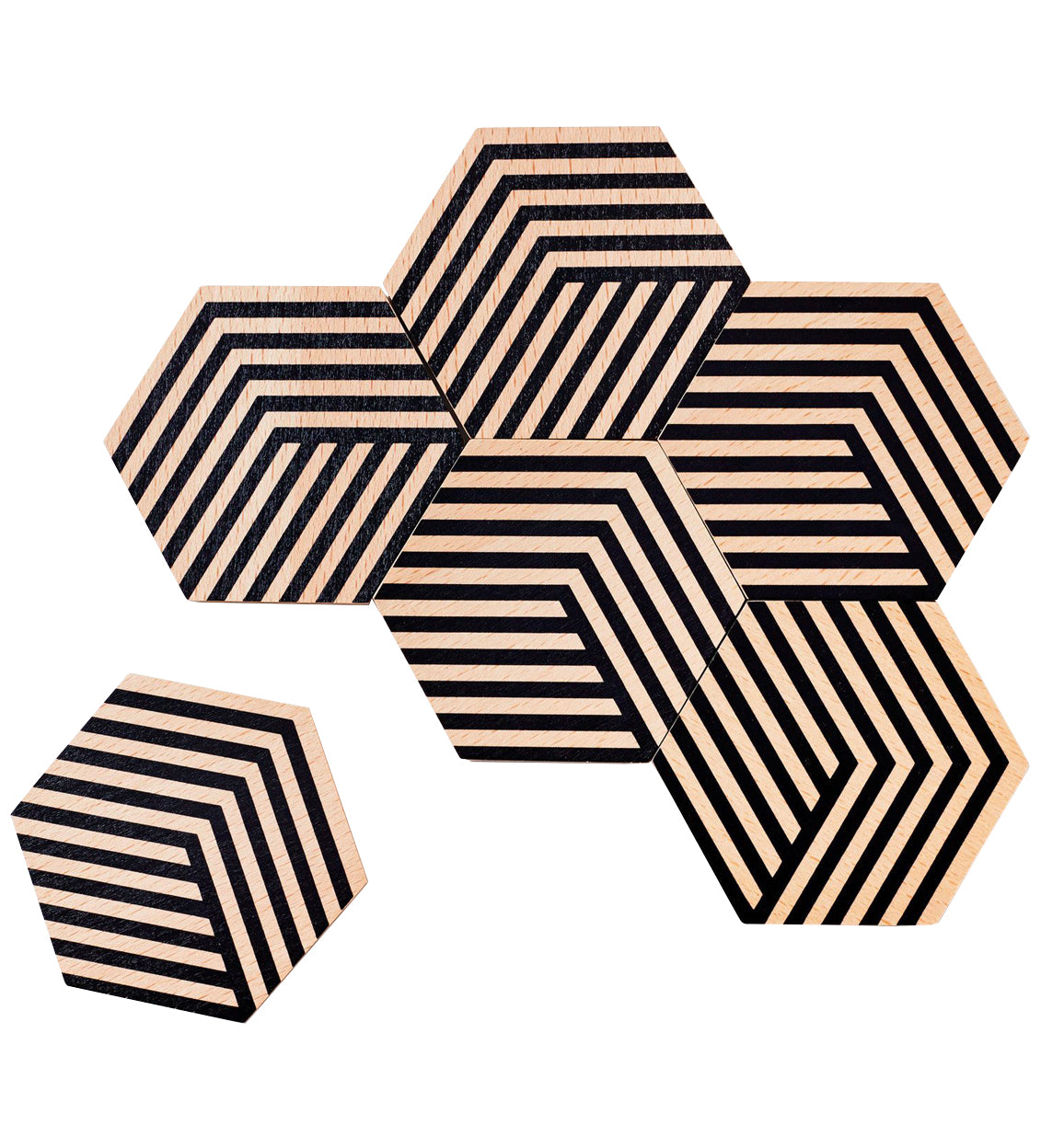 A set of 6 striped hexagon shaped coasters